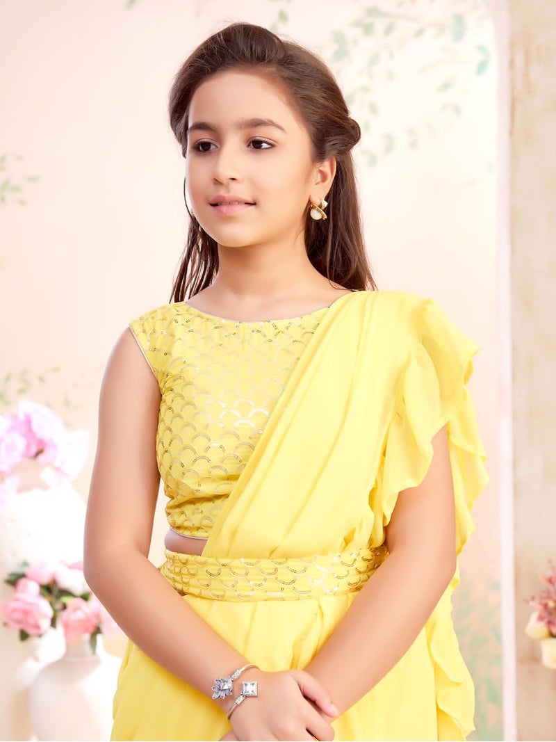 aarikka Aarika Girls Ethnic Wear Yellow Colour Sequin Embroidery Georgette Lehenga Saree With Attachable Dupatta-(3-13 Years)-(SR-26011-YELLOW-36) - Image 5