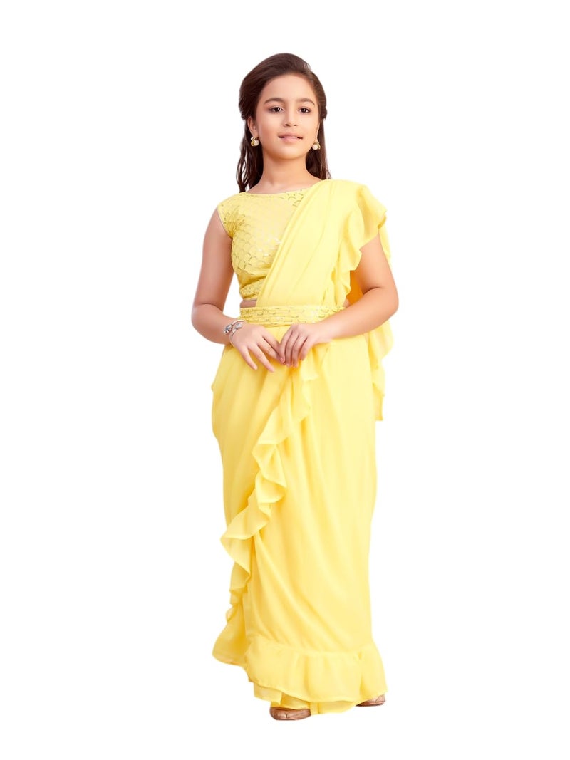 aarikka Aarika Girls Ethnic Wear Yellow Colour Sequin Embroidery Georgette Lehenga Saree With Attachable Dupatta-(3-13 Years)-(SR-26011-YELLOW-36) - Image 1