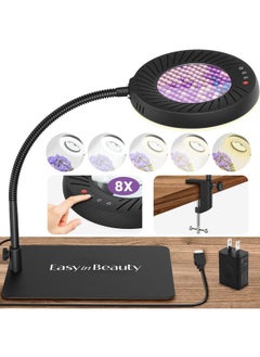 ايزي ان بيوتي عدسة مكبرة EASYINBEAUTY 8x مع ضوء وحامل، 5 أوضاع ألوان و9 مستويات قابلة للتعتيم، مصباح مكتبي مكبر 2 في 1 بمشبك، ضوء مكبر على شكل عنق الإوزة للحرف اليدوية بدون استخدام اليدين، العمل عن قرب، القراءة  - Image 1