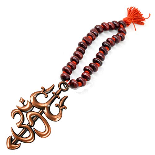 AFH Wooden Copper Hanging Om Trishul Chandan Mala for Rearview Car Mirror Charm - Image 2