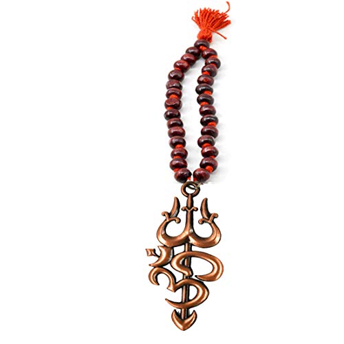 AFH Wooden Copper Hanging Om Trishul Chandan Mala for Rearview Car Mirror Charm - Image 1