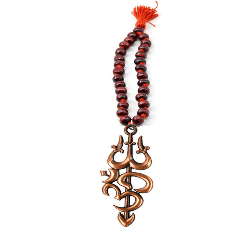 AFH Wooden Copper Hanging Om Trishul Chandan Mala for Rearview Car Mirror Charm - Image 5