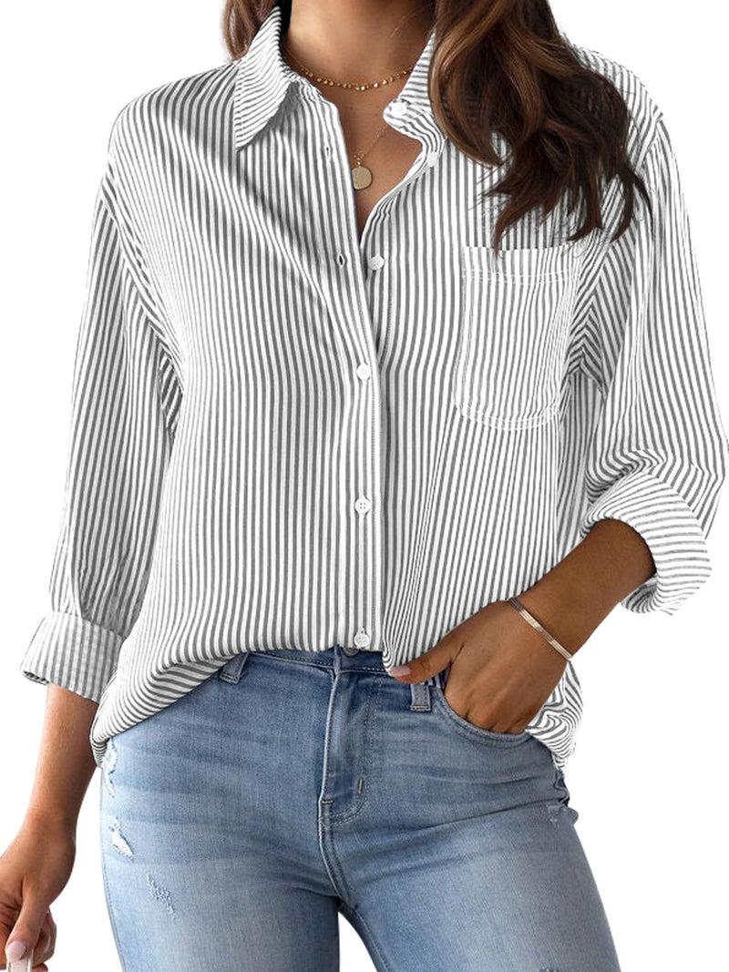 CUNLIN Grey Button Down Striped Shirt Women Blouses & Button-Down Shirts for Womens Fashion Long Sleeve Blouse Tops Grey Size XL - Image 1