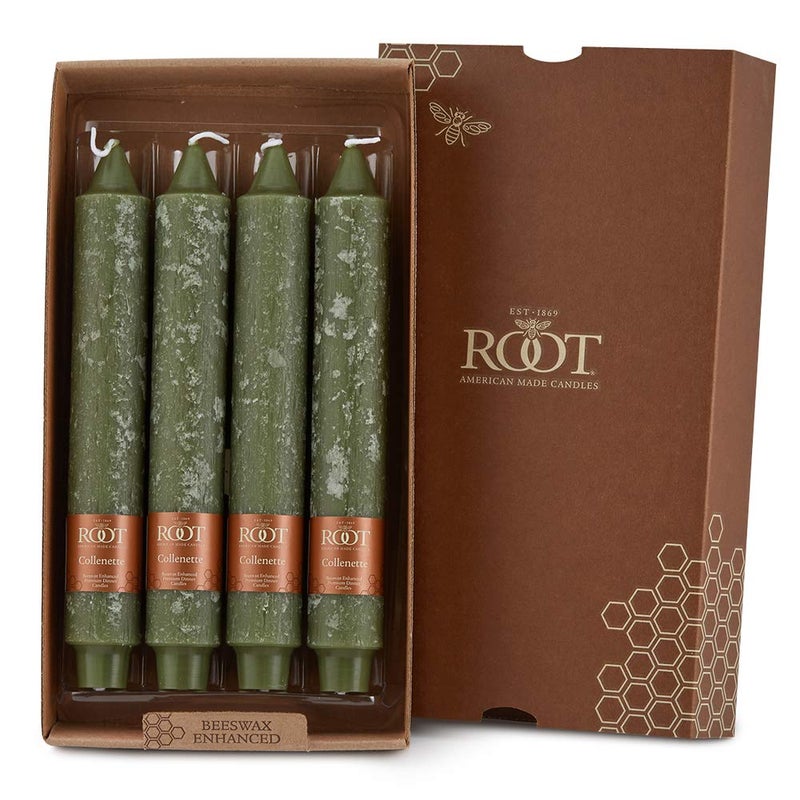 Root 4Count Unscented Dinner Candles Dripless Beeswax Enhanced Timberline Collenette Boxed Candle Set 9Inch Dark Olive
