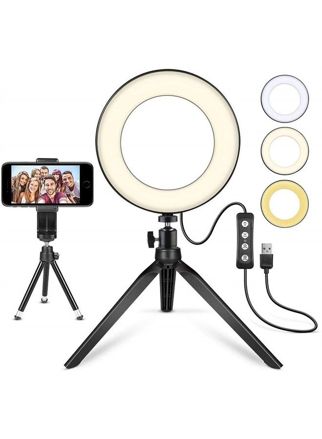 MACTREM ضوء حلقة LED 6" مع حامل ثلاثي القوائم لفيديوهات يوتيوب والمكياج، ضوء كاميرا LED صغير مع حامل هاتف محمول، مصباح LED مكتبي مع 3 أوضاع إضاءة و 11 مستوى سطوع (6") - Image 1