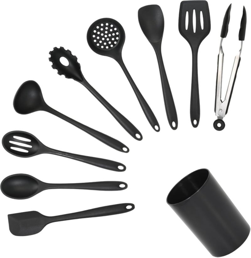 GreatChef Silicone Kitchen Utensils Set of 10 for Cooking Serving & Nonstick Cookware, Slotted Turner, Soup Ladle, Skimmer, Round Spatula, Slotted Spoon, Pasta Server, Spoon, Spatula, Tongs & Holder