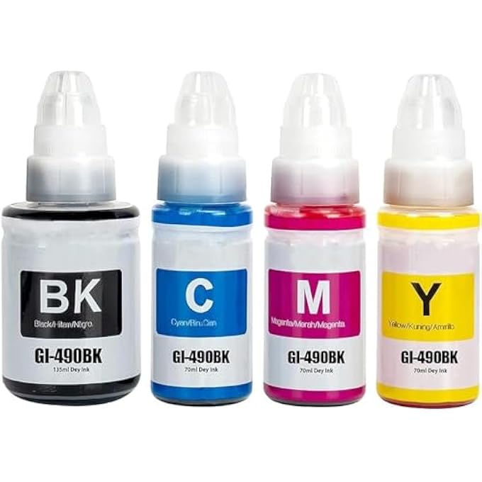 GI-490 INK COMPATIBLE WITH CANON PRINTER FOR PIXMA G3400, G2400, G1400, G4400, G4410, G3410, G2410, G1410, G3411, G2411, G1411, G4411(4-PACK BLACK CYAN MAGENTA YELLOW) - Image 1