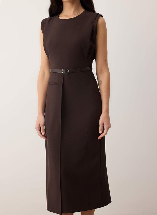 trendyol Brown Belt Detailed Woven Midi Dress - Image 3