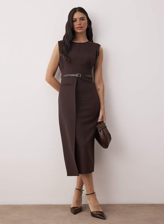 trendyol Brown Belt Detailed Woven Midi Dress - Image 2