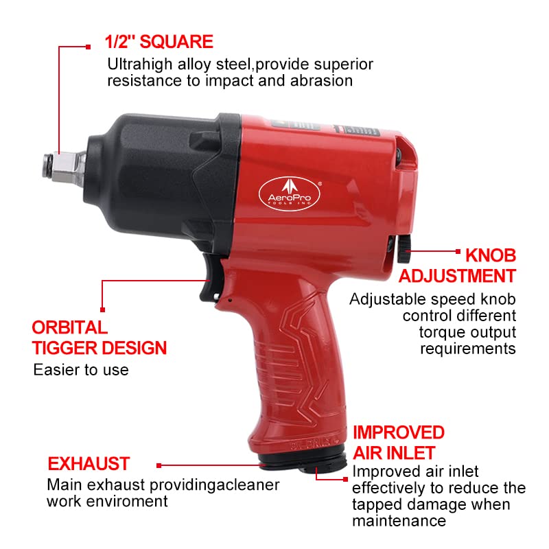 AEROPRO TOOLS 1/2-Inch Aluminum Air Impact Wrench(A398),Twin Hammer with 1380FT-LB Max Loosening Torque, Pneumatic Impact Gun, for Auto Repair, Tire Shop (Aluminum Housing) - Image 5