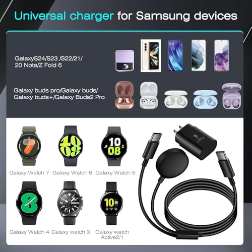 DuoCaiBao Galaxy Watch Charger Compatible Galaxy Watch 8/7/6/6 Classic/5 Pro/5/4 Classic/3 Active2/1, 2-in-1 USB C Fast Charging Cable, 25W Super Fast Charger for Galaxy S25/24/23/iPhone 16/15(5FT) - Image 3