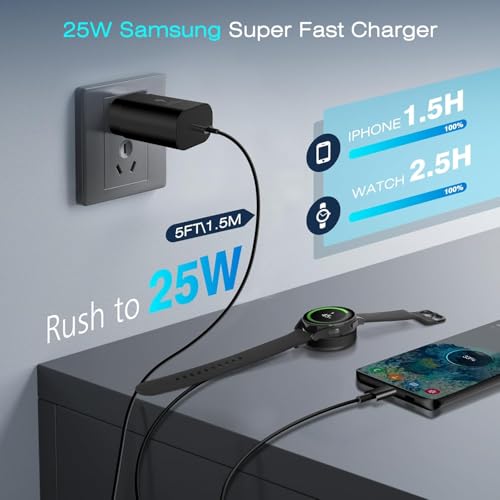 DuoCaiBao Galaxy Watch Charger Compatible Galaxy Watch 8/7/6/6 Classic/5 Pro/5/4 Classic/3 Active2/1, 2-in-1 USB C Fast Charging Cable, 25W Super Fast Charger for Galaxy S25/24/23/iPhone 16/15(5FT) - Image 2
