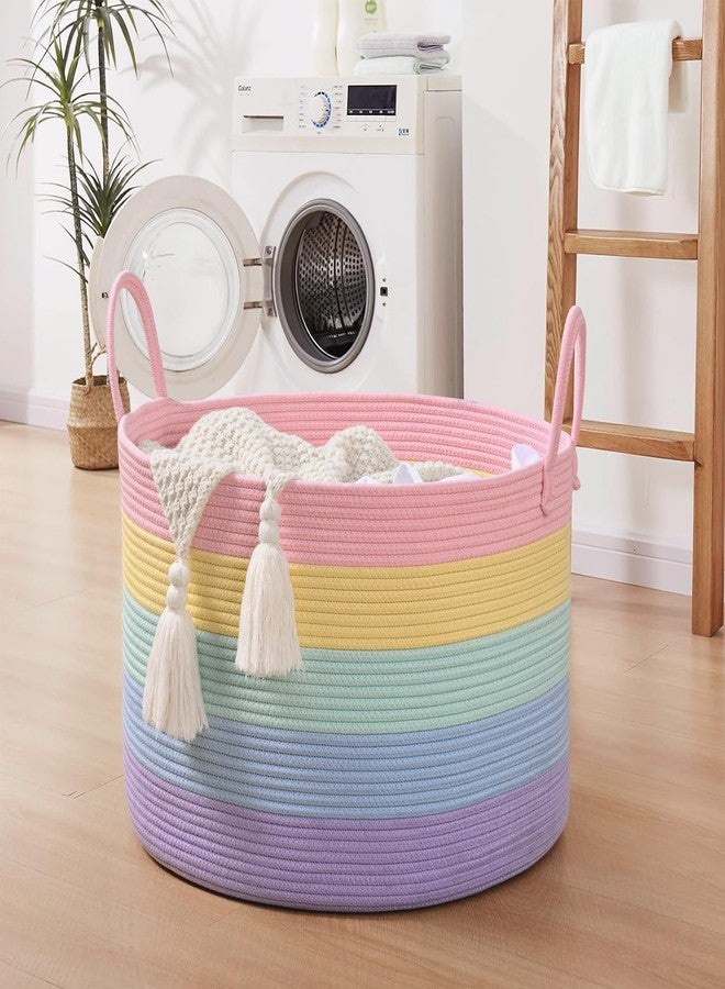 Degeyoyo Blanket Basket Living Room, 67L Large Round Storage Basket, Cotton Rope Laundry Baskets & Toy Storage Organizer for Nursery, Bedroom, 20"×13", Light Rainbow - Image 5
