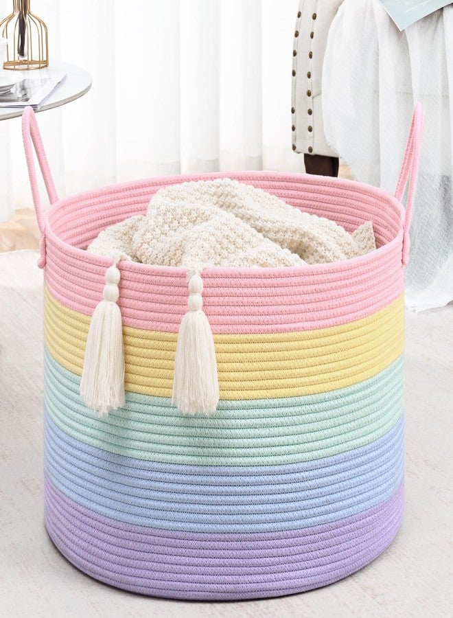 Degeyoyo Blanket Basket Living Room, 67L Large Round Storage Basket, Cotton Rope Laundry Baskets & Toy Storage Organizer for Nursery, Bedroom, 20"×13", Light Rainbow - Image 3