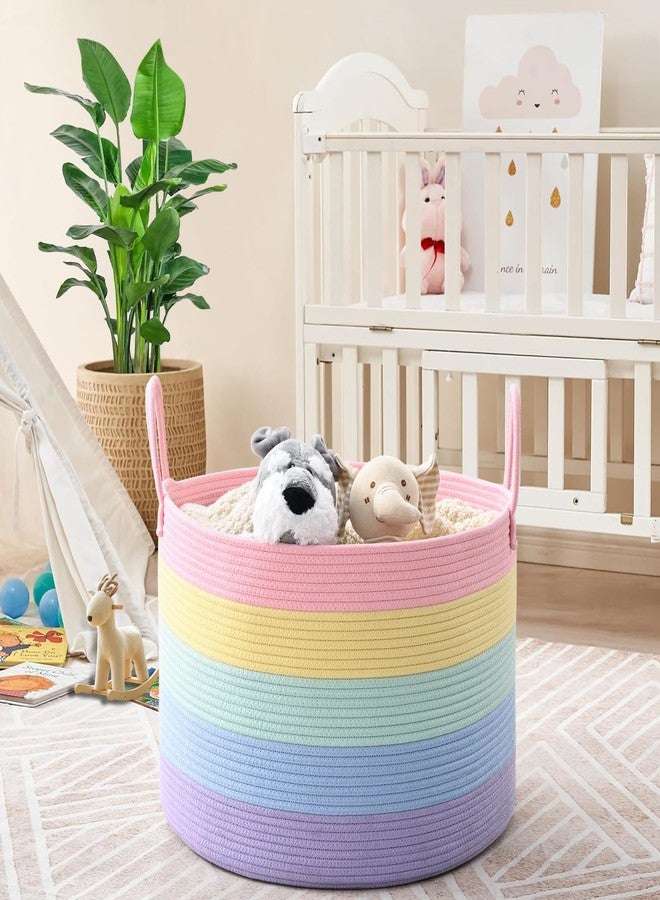 Degeyoyo Blanket Basket Living Room, 67L Large Round Storage Basket, Cotton Rope Laundry Baskets & Toy Storage Organizer for Nursery, Bedroom, 20"×13", Light Rainbow - Image 2