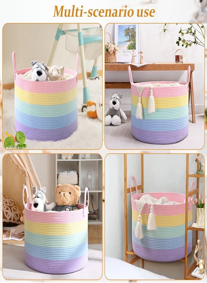 Degeyoyo Blanket Basket Living Room, 67L Large Round Storage Basket, Cotton Rope Laundry Baskets & Toy Storage Organizer for Nursery, Bedroom, 20"×13", Light Rainbow - Image 4