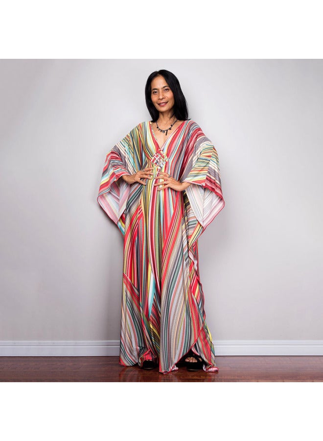 Loquat European And American Plus Long Loose Plus Size Beach Skirt Bikini Outer Wear Swimsuit Blouse Wrap Skirt Veil Sun Protection Clothing-Color:78693 Color Stripes-  - Image 1
