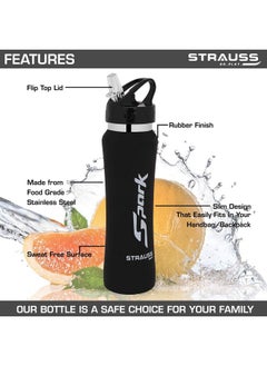 STRAUSS Spark Stainless-Steel Bottle, Rubber Finish, 750 Ml, (Black), (Pack Of 2)  - Image 2