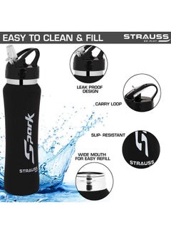 STRAUSS Spark Stainless-Steel Bottle, Rubber Finish, 750 Ml, (Black), (Pack Of 2)  - Image 3