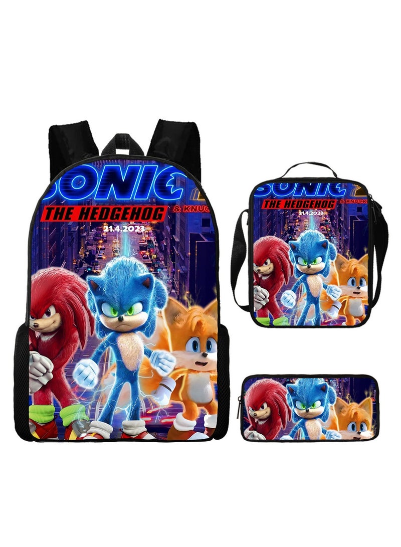 Sonic student large capacity backpack three piece set, anime cartoon backpack, shoulder bag pen bag