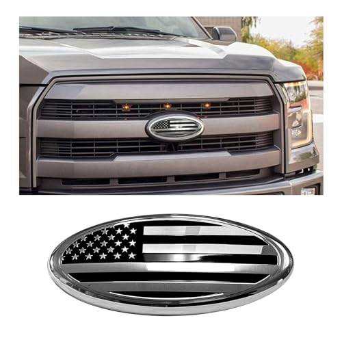 Suvnie Front Grille US Flag Emblem, 7 Inch Oval Rear Tailgate Decal Badge Nameplate, Central Mesh Cover Label Sticker Overlay Replacement Compatible with F150 F250 F350 and More (7'', Silver & Black) - Image 1
