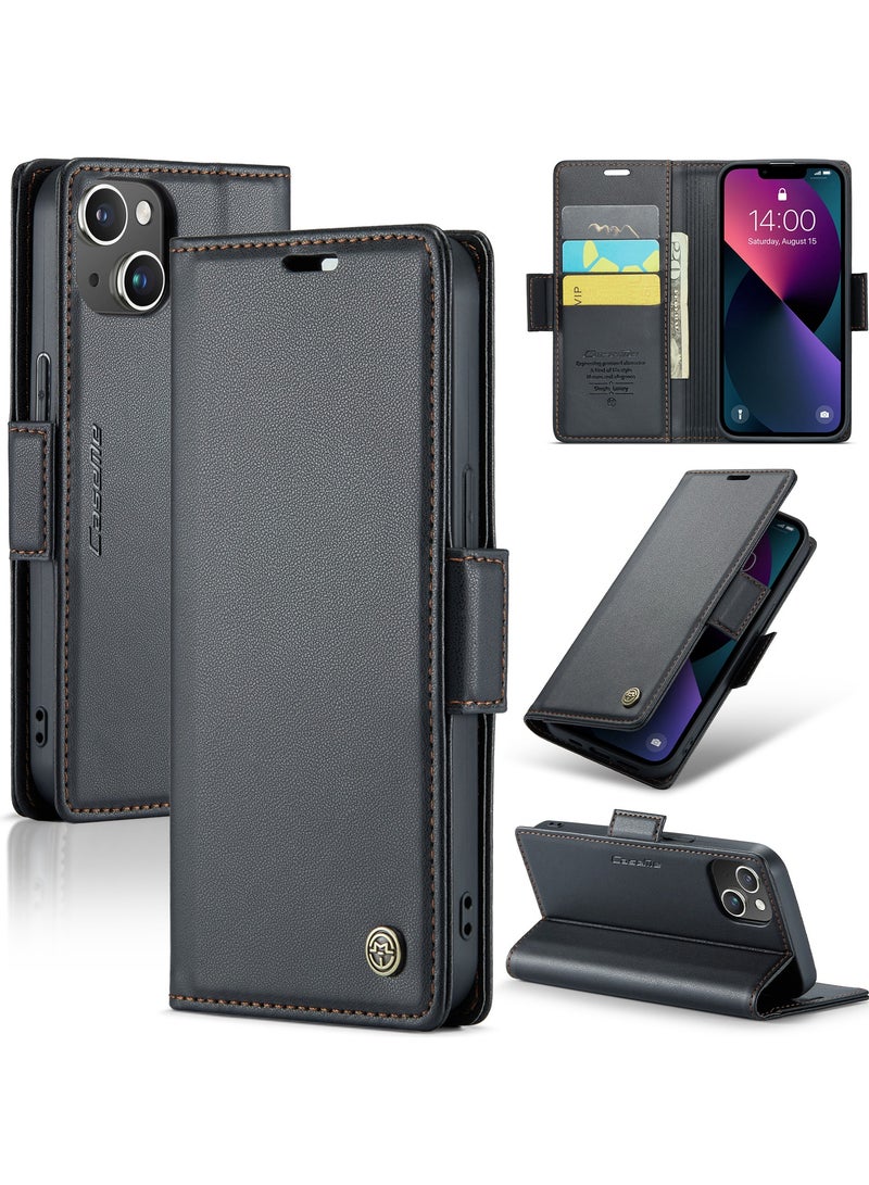 CaseMe Flip Wallet Case for iPhone 15, Leather Magnetic Attachment Flip Case Black - Image 1