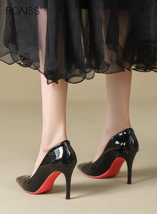 roaiss Women's Red Sole High Heels Pointed Toe Patent Leather Design Temperament Black Slim Stiletto Heels for Party Wedding and Formal Events Luxury Fashion Shoes Lightweight Soft and Comfortable Black - Image 3