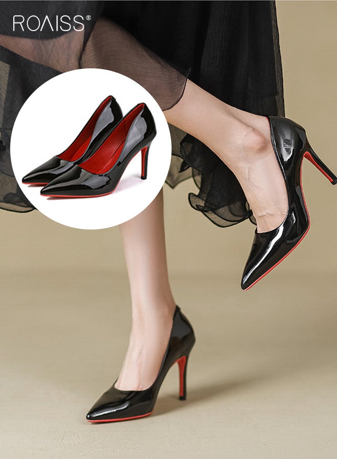 roaiss Women's Red Sole High Heels Pointed Toe Patent Leather Design Temperament Black Slim Stiletto Heels for Party Wedding and Formal Events Luxury Fashion Shoes Lightweight Soft and Comfortable Black - Image 1