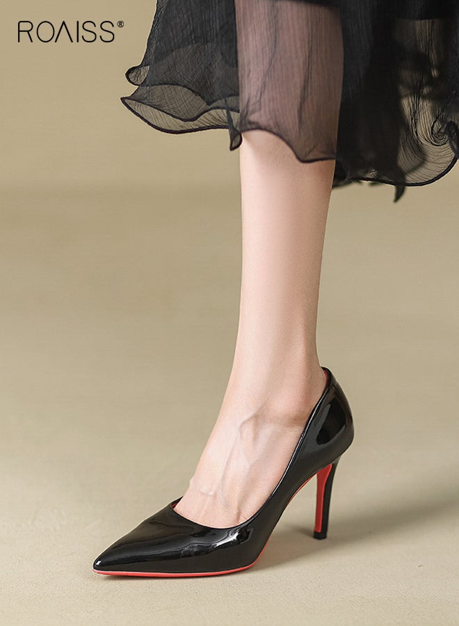 roaiss Women's Red Sole High Heels Pointed Toe Patent Leather Design Temperament Black Slim Stiletto Heels for Party Wedding and Formal Events Luxury Fashion Shoes Lightweight Soft and Comfortable Black - Image 2