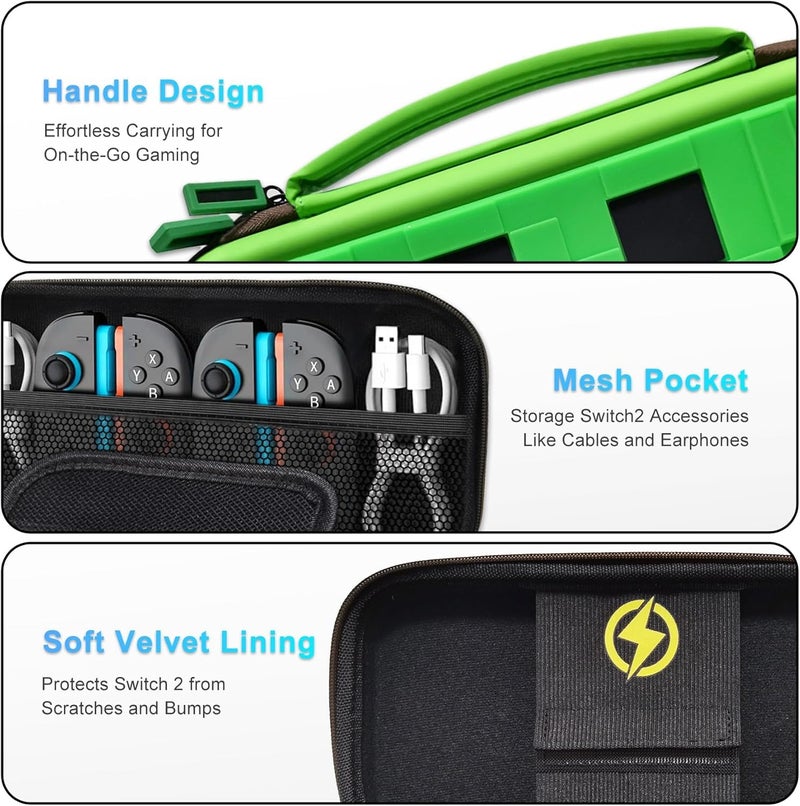 PSS Carrying Case Compatible with Nintendo Switch 2(2025), Cute Portable Travel Bag with 5 Game Card Slots Inner Storage Bag for Nintendo Switch 2 Console Joy-Con & Accessories, Green - Image 5