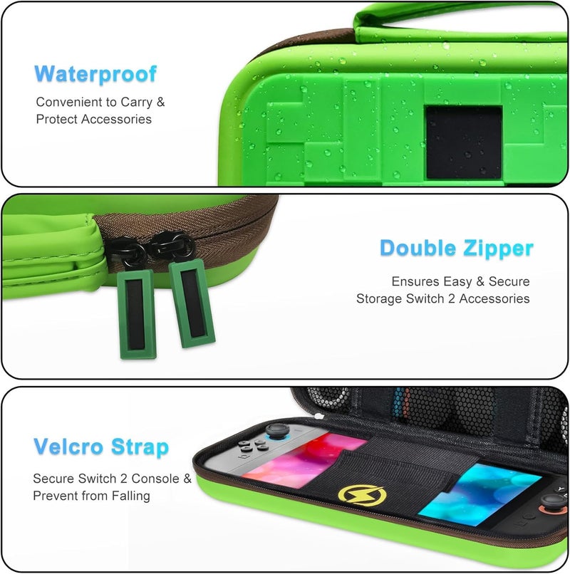 PSS Carrying Case Compatible with Nintendo Switch 2(2025), Cute Portable Travel Bag with 5 Game Card Slots Inner Storage Bag for Nintendo Switch 2 Console Joy-Con & Accessories, Green - Image 3