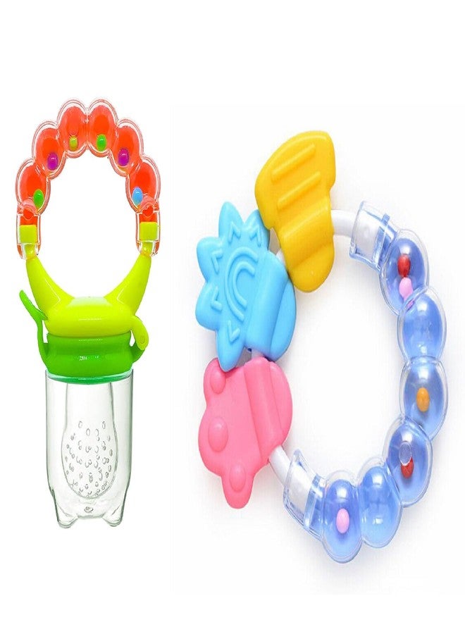Vin® Silicone Organic Baby BPA-Free Food Fruit Nibbler | Rattle Handle | Round Shape |Chewable Teether|Gift for Infant| Baby Dental Care Tooth Toddler Training Teething Ring |Pack of 2|