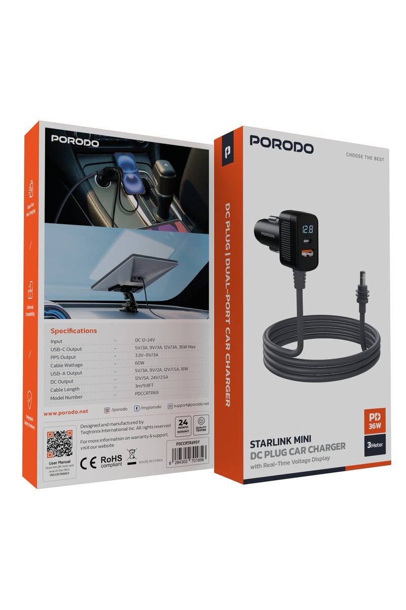 porodo Starlink Mini DC Plug Car Charger / Dual-Port Fast Charging / 3m Cable / Integrated Safety Features / Universal Compatibility - Grey - Image 4