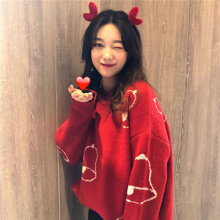Christmas Red Jacquard Sweater Women Autumn New Knit Top Bell - Image 1