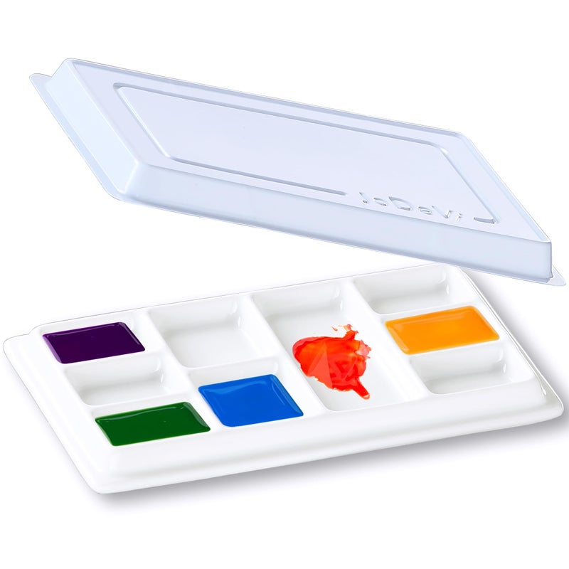 JODEVI Ceramic Watercolor Palette with Lid, 9-Well Rectangular Paint Mixing Tray for Watercolor, Gouache, Acrylic & Oil Painting, White - Image 1
