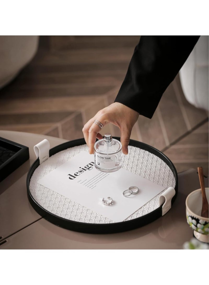 Arabest Stylish 12" Leather Round Serving Tray with Black Wood Frame and Handles, Perfect Decorative Storage for Living Room, Coffee Table, and Vanity - Image 4