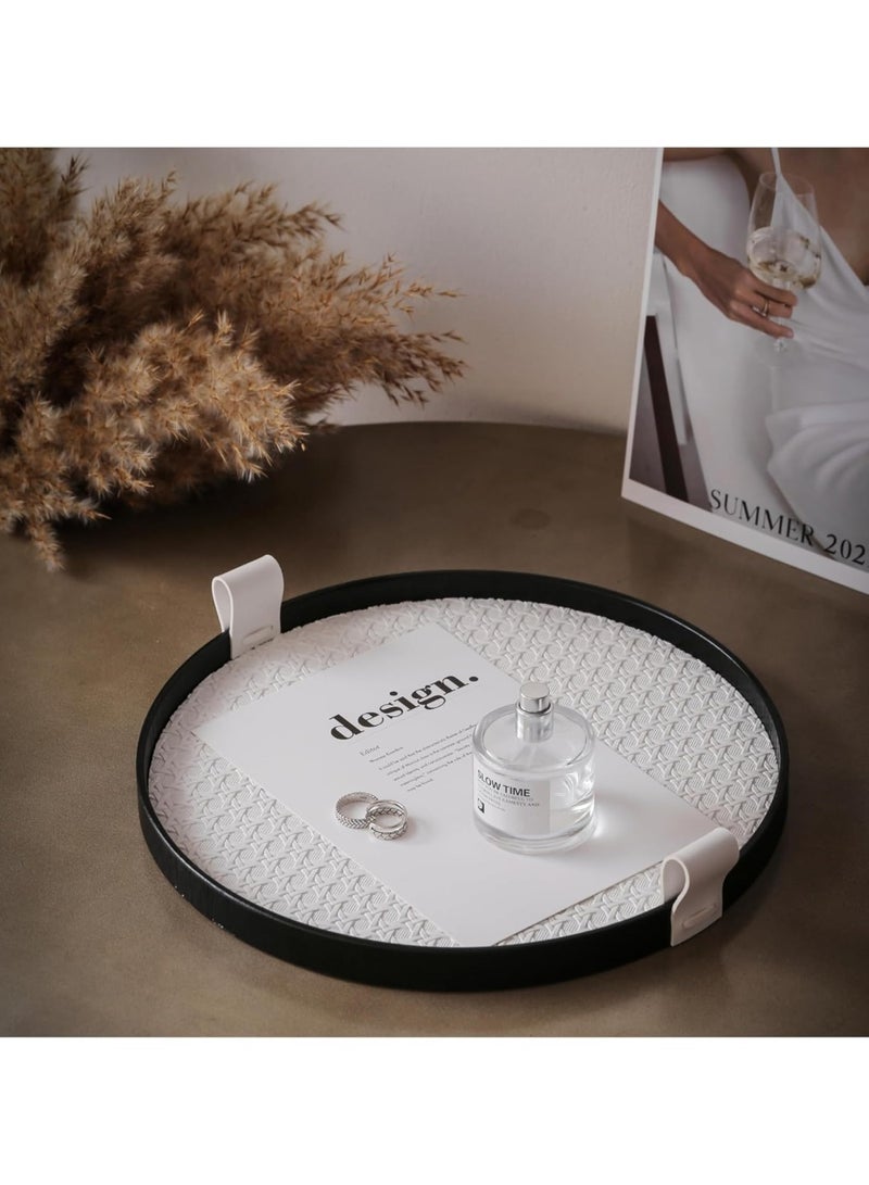 Arabest Stylish 12" Leather Round Serving Tray with Black Wood Frame and Handles, Perfect Decorative Storage for Living Room, Coffee Table, and Vanity - Image 5