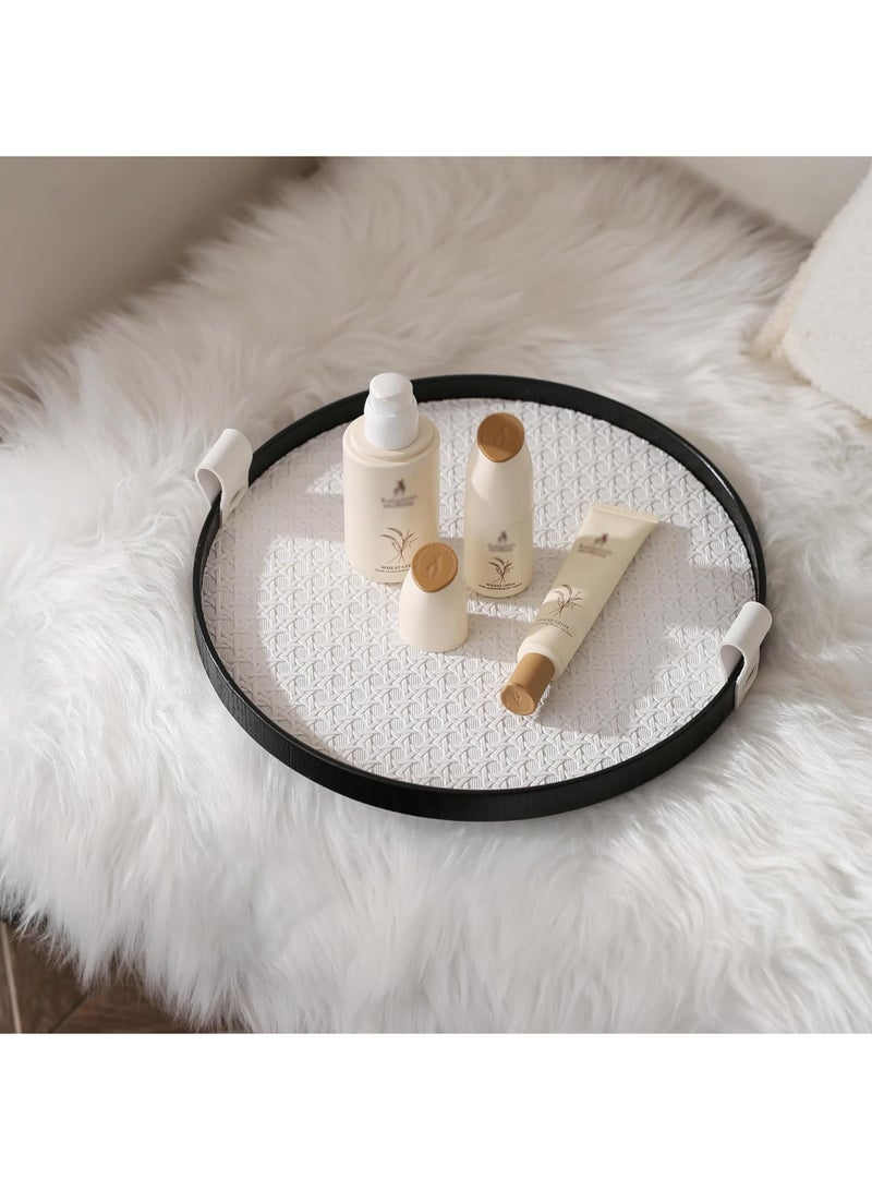 Arabest Stylish 12" Leather Round Serving Tray with Black Wood Frame and Handles, Perfect Decorative Storage for Living Room, Coffee Table, and Vanity - Image 1