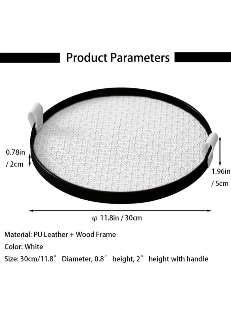 Arabest Stylish 12" Leather Round Serving Tray with Black Wood Frame and Handles, Perfect Decorative Storage for Living Room, Coffee Table, and Vanity - Image 2
