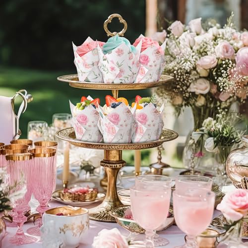 Maxdot 300 Pcs Wildflower Tulip Cupcake Liners for Baking Floral Paper Muffin Baking Cups Flower Tulip Muffin Liners Wrappers for Spring Tea Party Wedding Bridal Shower Party Decor(Pink Floral) - Image 5