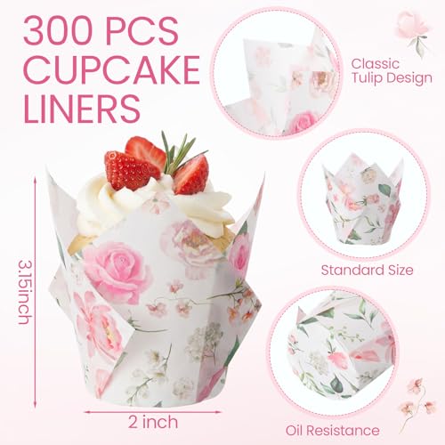 Maxdot 300 Pcs Wildflower Tulip Cupcake Liners for Baking Floral Paper Muffin Baking Cups Flower Tulip Muffin Liners Wrappers for Spring Tea Party Wedding Bridal Shower Party Decor(Pink Floral) - Image 2