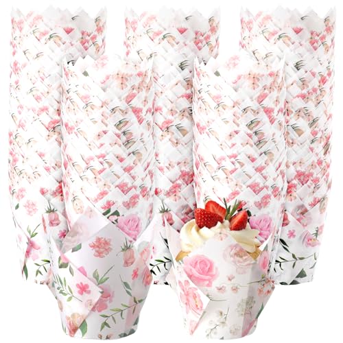 Maxdot 300 Pcs Wildflower Tulip Cupcake Liners for Baking Floral Paper Muffin Baking Cups Flower Tulip Muffin Liners Wrappers for Spring Tea Party Wedding Bridal Shower Party Decor(Pink Floral) - Image 1