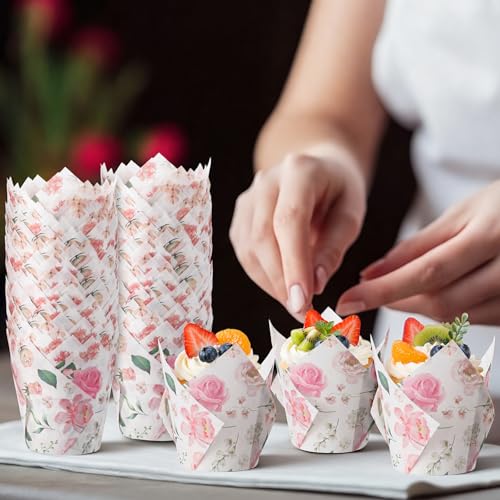 Maxdot 300 Pcs Wildflower Tulip Cupcake Liners for Baking Floral Paper Muffin Baking Cups Flower Tulip Muffin Liners Wrappers for Spring Tea Party Wedding Bridal Shower Party Decor(Pink Floral) - Image 3