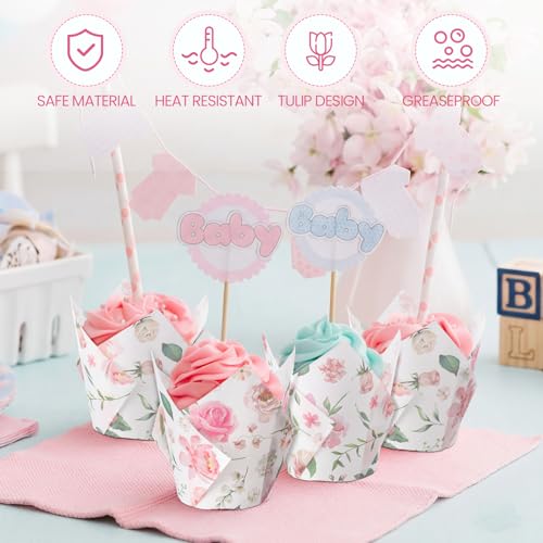Maxdot 300 Pcs Wildflower Tulip Cupcake Liners for Baking Floral Paper Muffin Baking Cups Flower Tulip Muffin Liners Wrappers for Spring Tea Party Wedding Bridal Shower Party Decor(Pink Floral) - Image 4