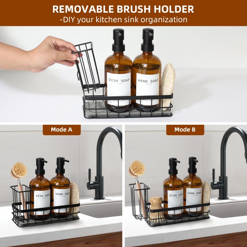 RYTOXILO Dish Soap Dispenser for Kitchen, 16.9 fl oz Amber Hand and Dish Soap Dispensers, Kitchen Soap Dispenser Set with Sponge Holder, Brush Holder and Loofah Sponge, Countertop Sink Organizer Accessories - Image 5