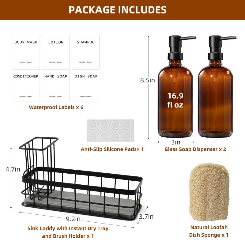 RYTOXILO Dish Soap Dispenser for Kitchen, 16.9 fl oz Amber Hand and Dish Soap Dispensers, Kitchen Soap Dispenser Set with Sponge Holder, Brush Holder and Loofah Sponge, Countertop Sink Organizer Accessories - Image 2