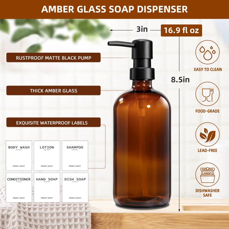RYTOXILO Dish Soap Dispenser for Kitchen, 16.9 fl oz Amber Hand and Dish Soap Dispensers, Kitchen Soap Dispenser Set with Sponge Holder, Brush Holder and Loofah Sponge, Countertop Sink Organizer Accessories - Image 3