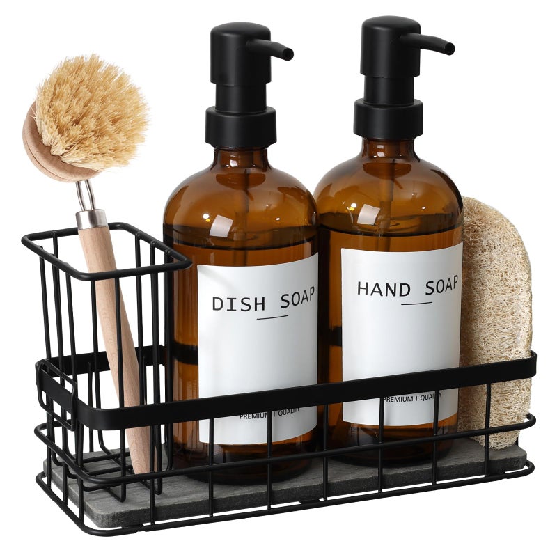 RYTOXILO Dish Soap Dispenser for Kitchen, 16.9 fl oz Amber Hand and Dish Soap Dispensers, Kitchen Soap Dispenser Set with Sponge Holder, Brush Holder and Loofah Sponge, Countertop Sink Organizer Accessories - Image 1