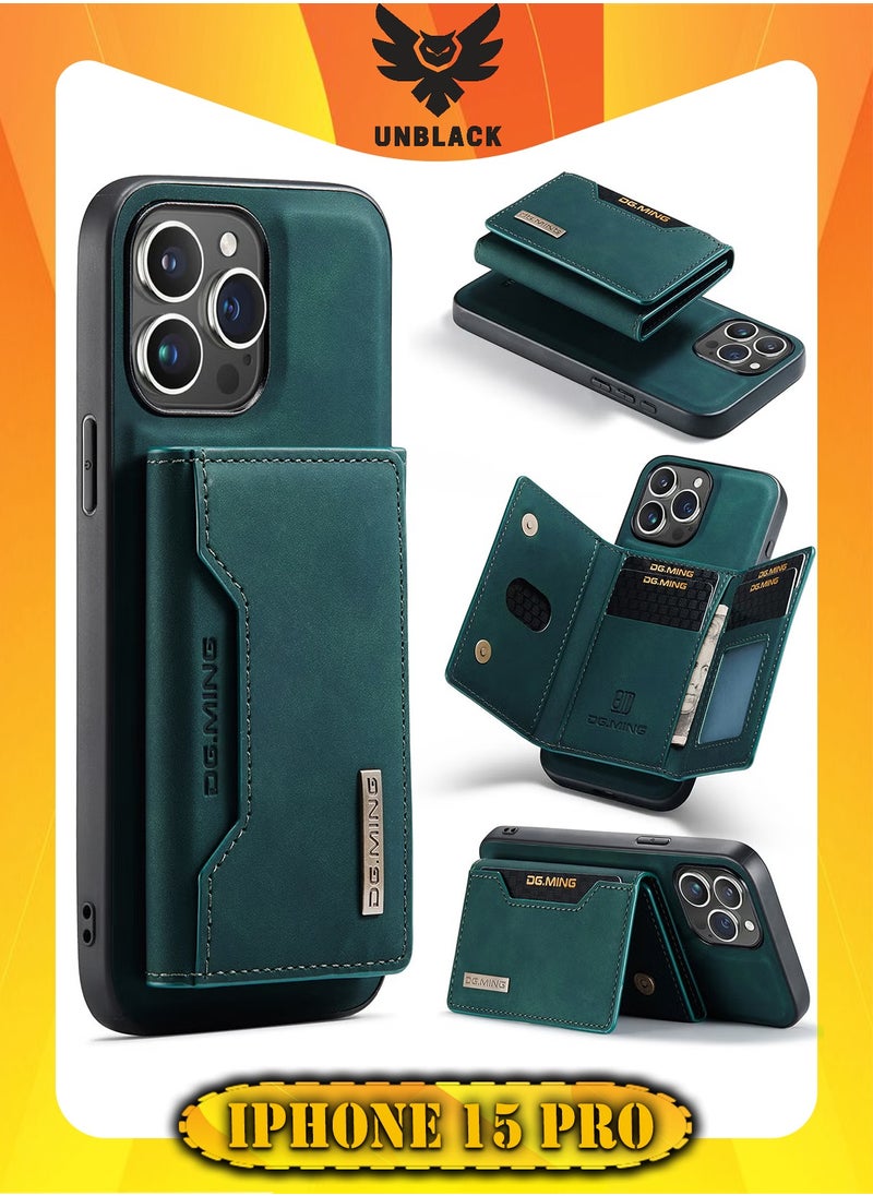 DGMING Wallet Case for Apple iPhone 15 Pro, DG.MING Premium Leather Phone Case Back Cover Magnetic Detachable with Trifold Wallet Card Holder Pocket (Green)  - Image 1