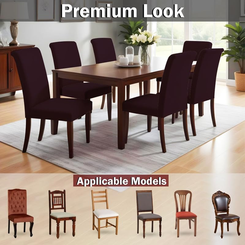 HOTKEI Polyester Blend Pack of 6 Wine 200 GSM Dining Chair Cover Set of 6 for Dining Table Chair Stretchable Seat Cover Covers Set of 6 Seater Chair - Image 5